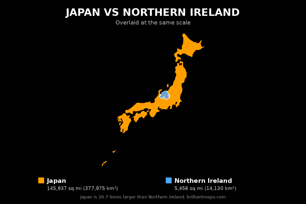 Japan vs Northern Ireland Size Comparison Map