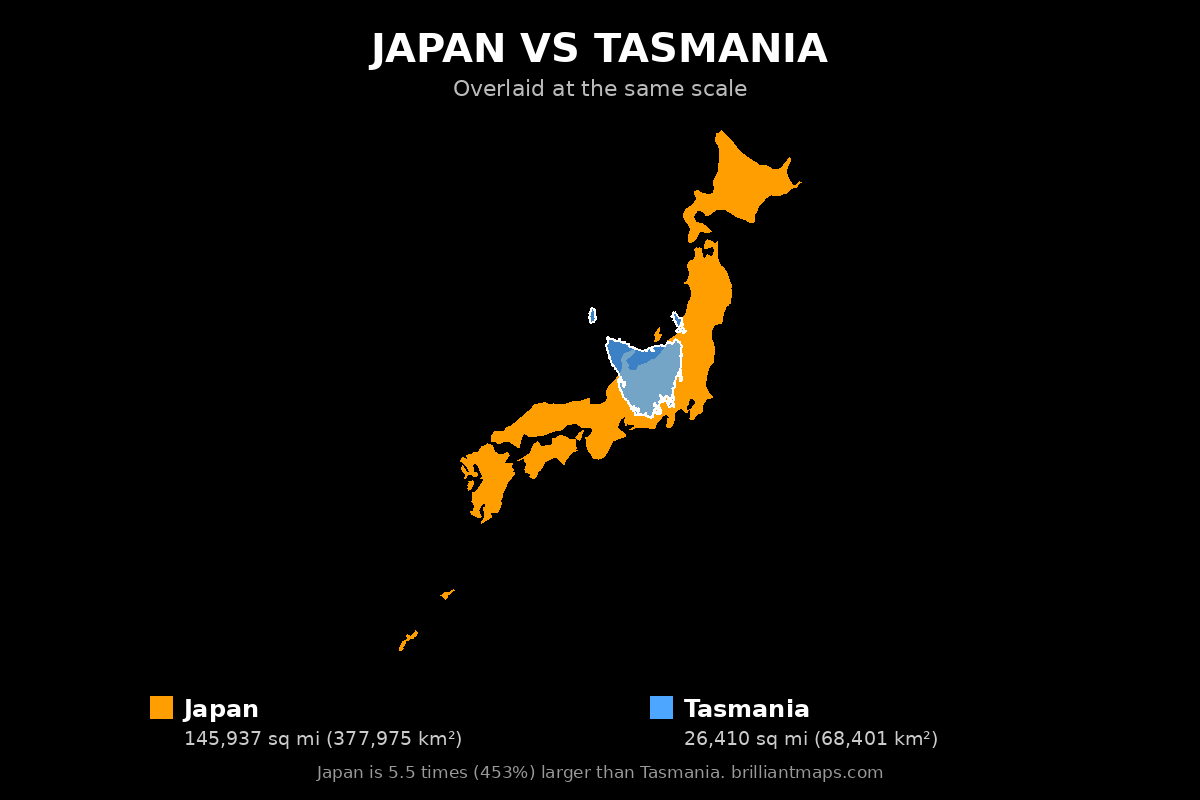 Japan vs Tasmania Size Comparison Map