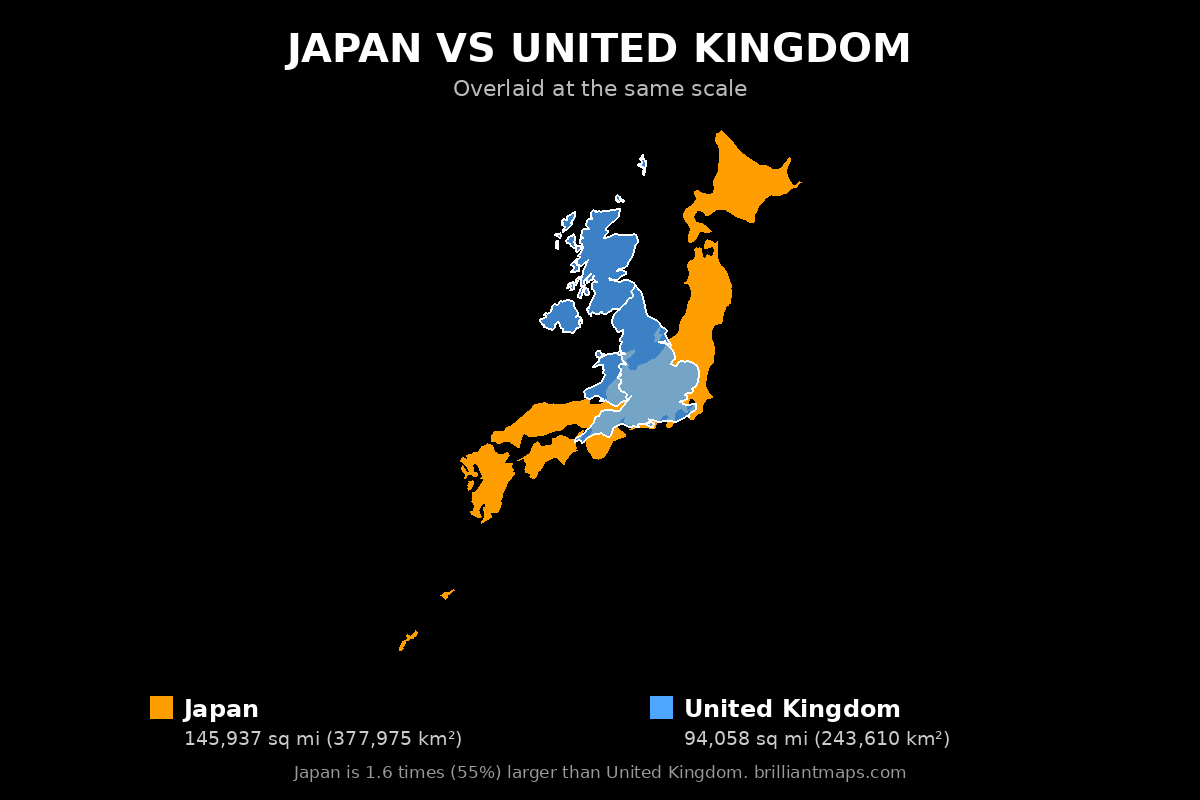 Japan vs United Kingdom Size Comparison Map