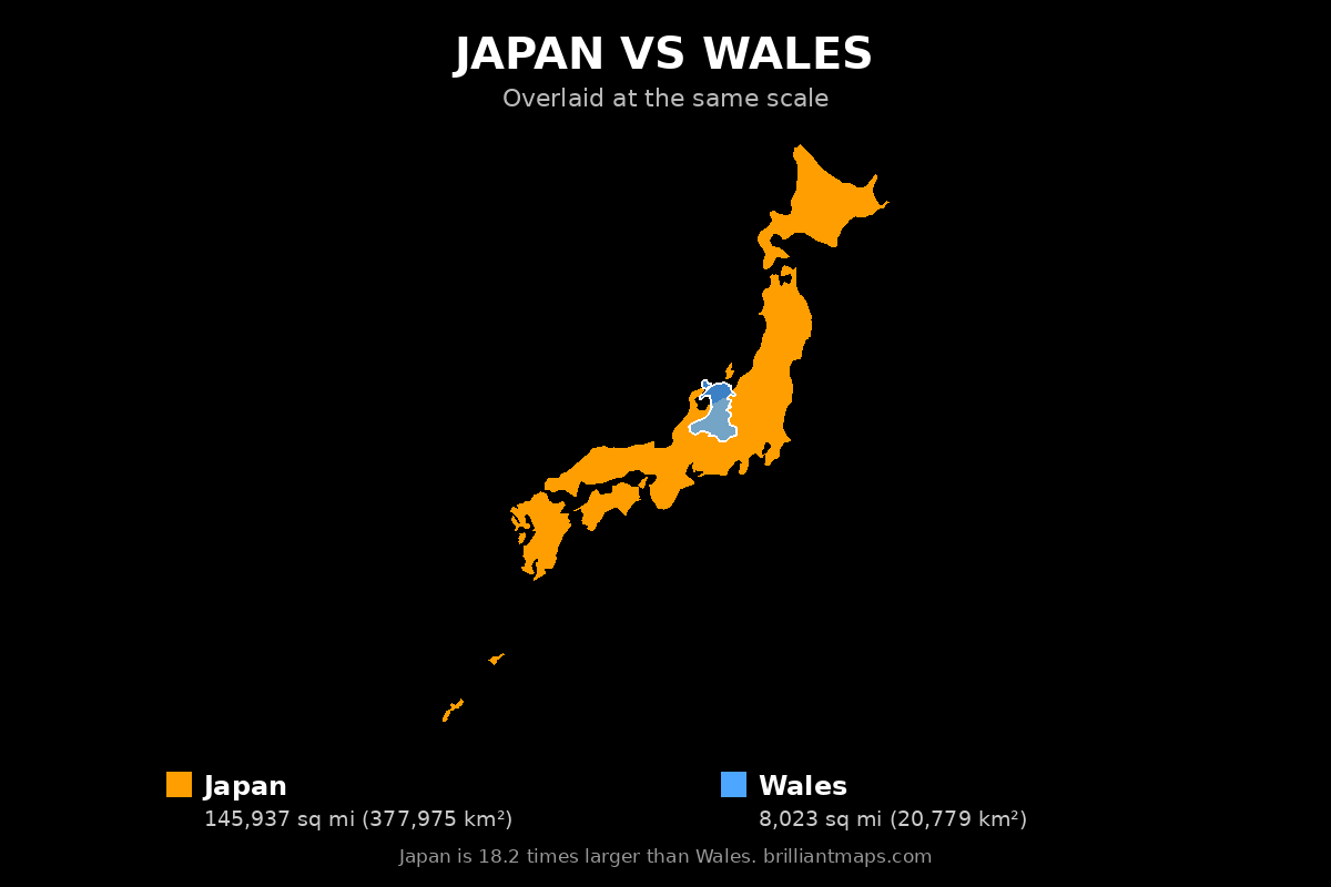 Japan vs Wales Size Comparison Map