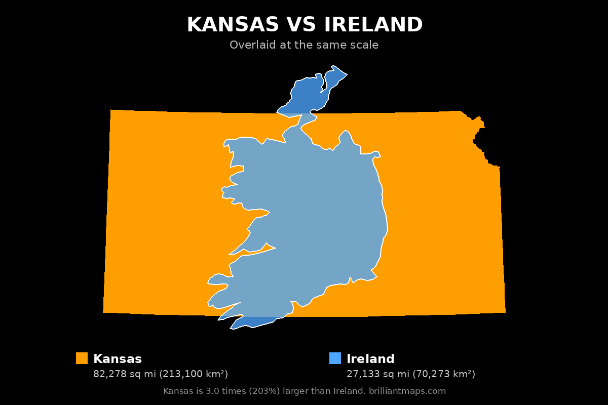 Kansas vs Ireland Size Comparison Map