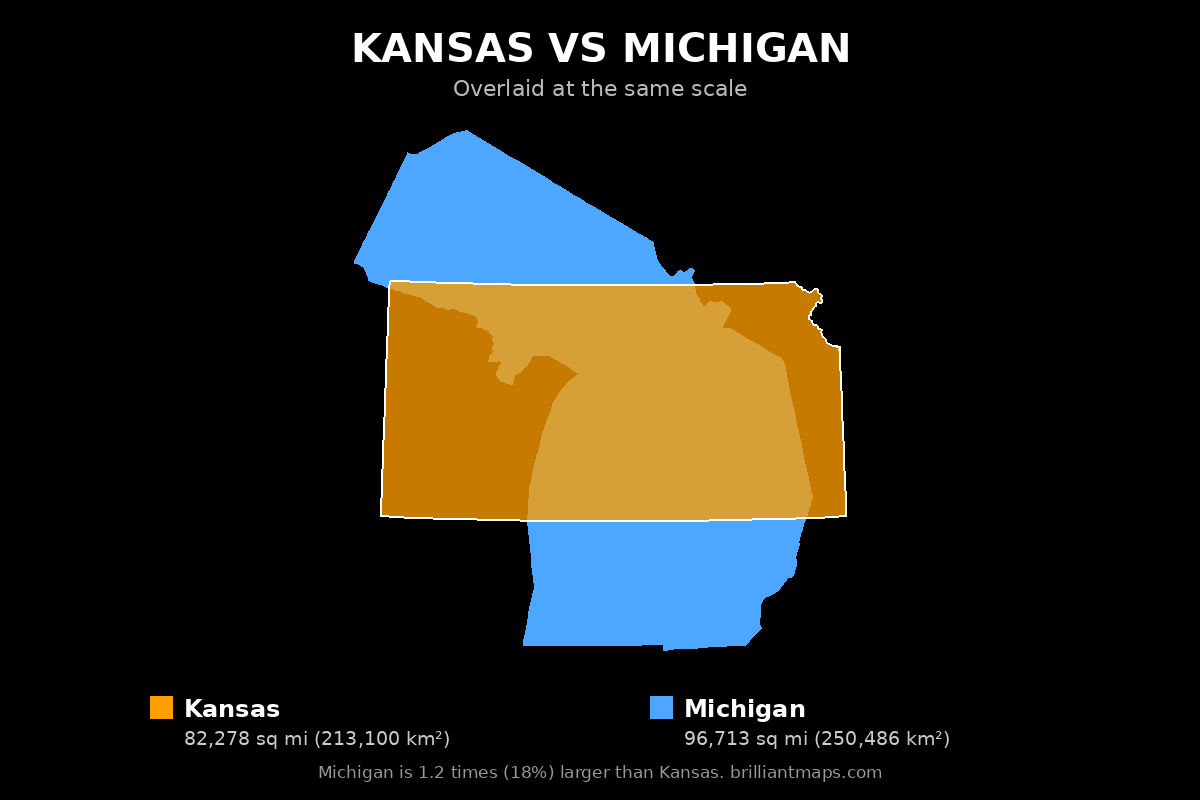 Kansas vs Michigan Size Comparison Map
