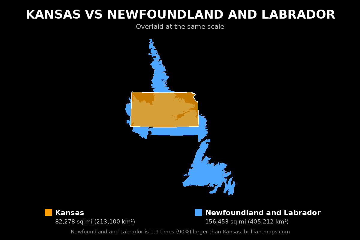 Kansas vs Newfoundland and Labrador Size Comparison Map