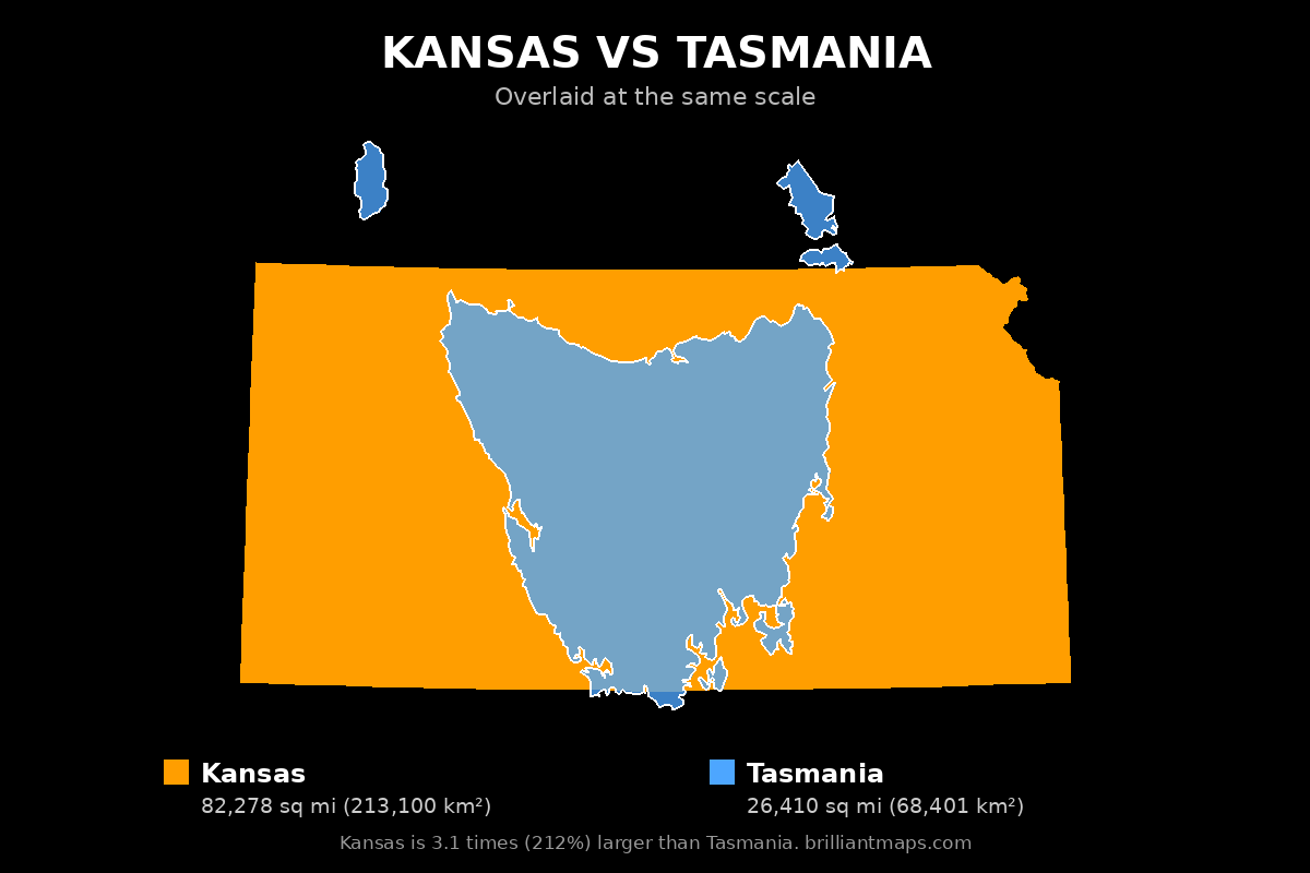 Kansas vs Tasmania Size Comparison Map