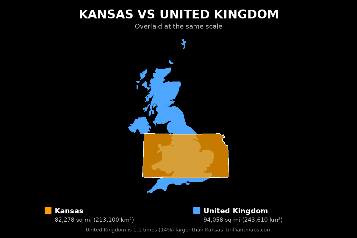 Kansas vs United Kingdom Size Comparison Map