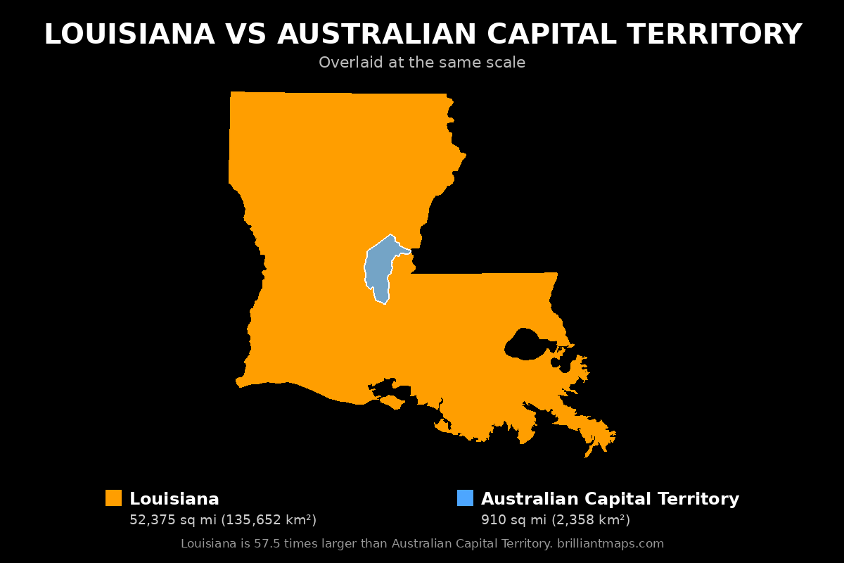 Louisiana vs Australian Capital Territory Size Comparison Map