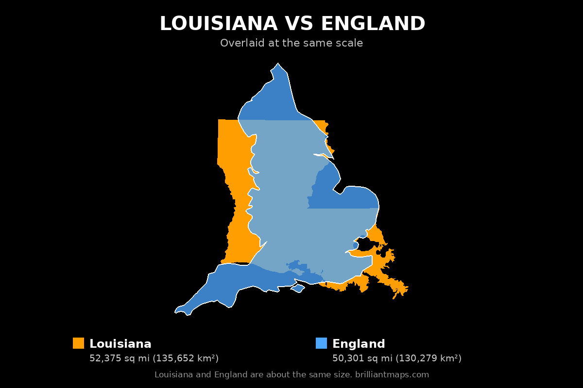 Louisiana vs England Size Comparison Map
