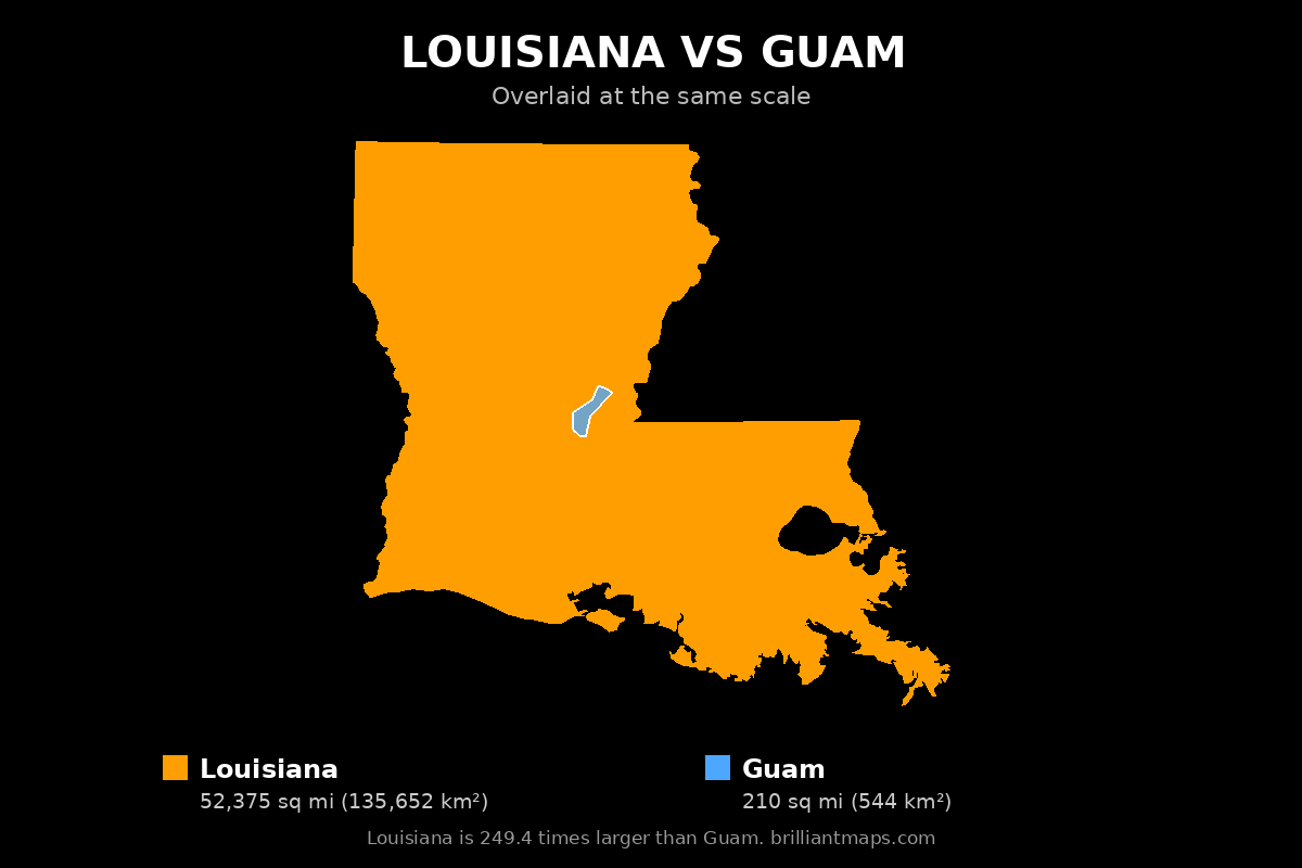Louisiana vs Guam Size Comparison Map