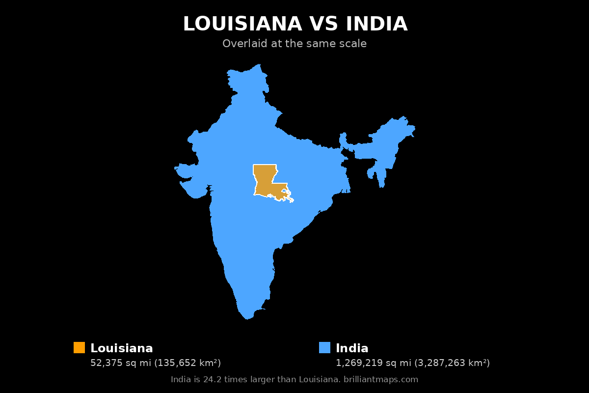 Louisiana vs India Size Comparison Map
