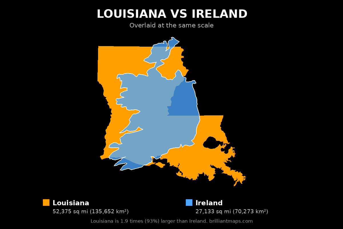 Louisiana vs Ireland Size Comparison Map