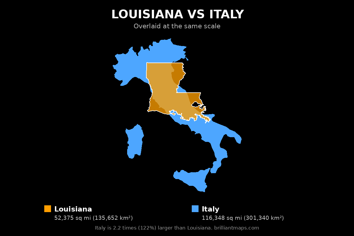 Louisiana vs Italy Size Comparison Map