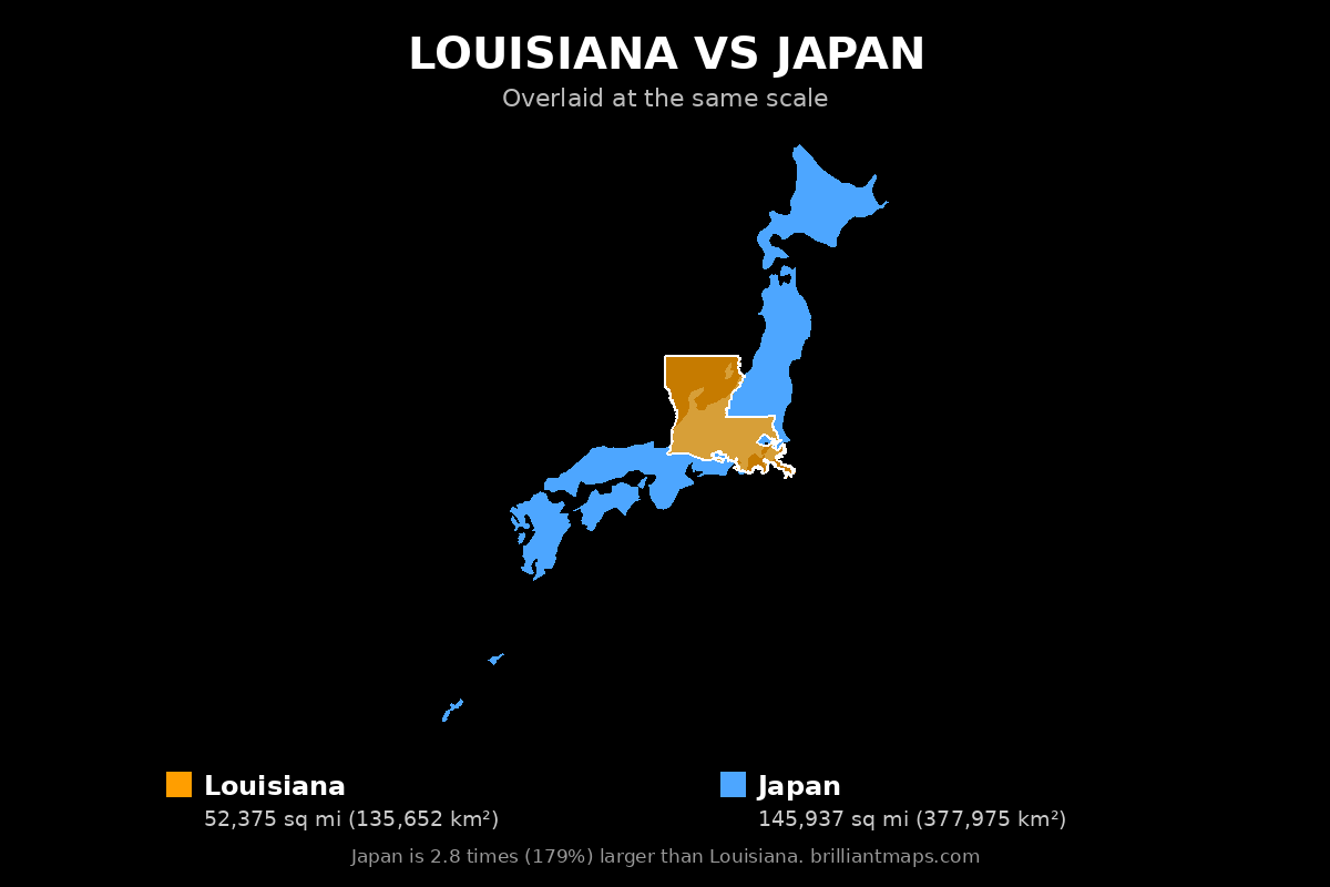 Louisiana vs Japan Size Comparison Map