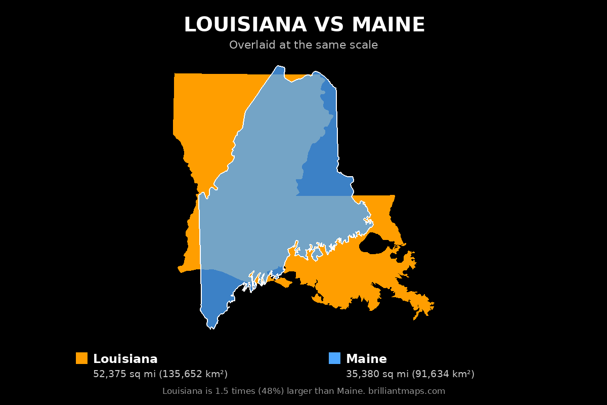 Louisiana vs Maine Size Comparison Map