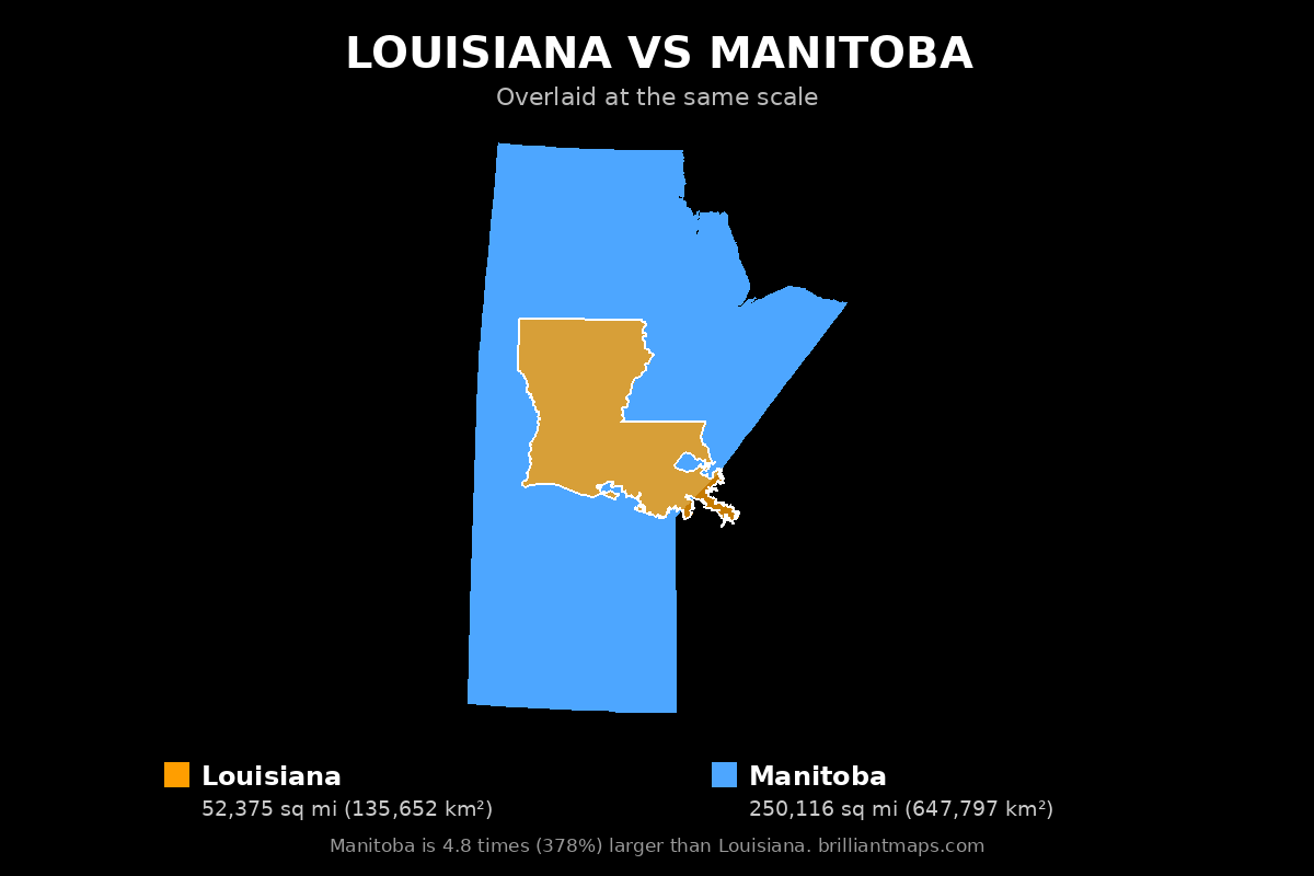 Louisiana vs Manitoba Size Comparison Map