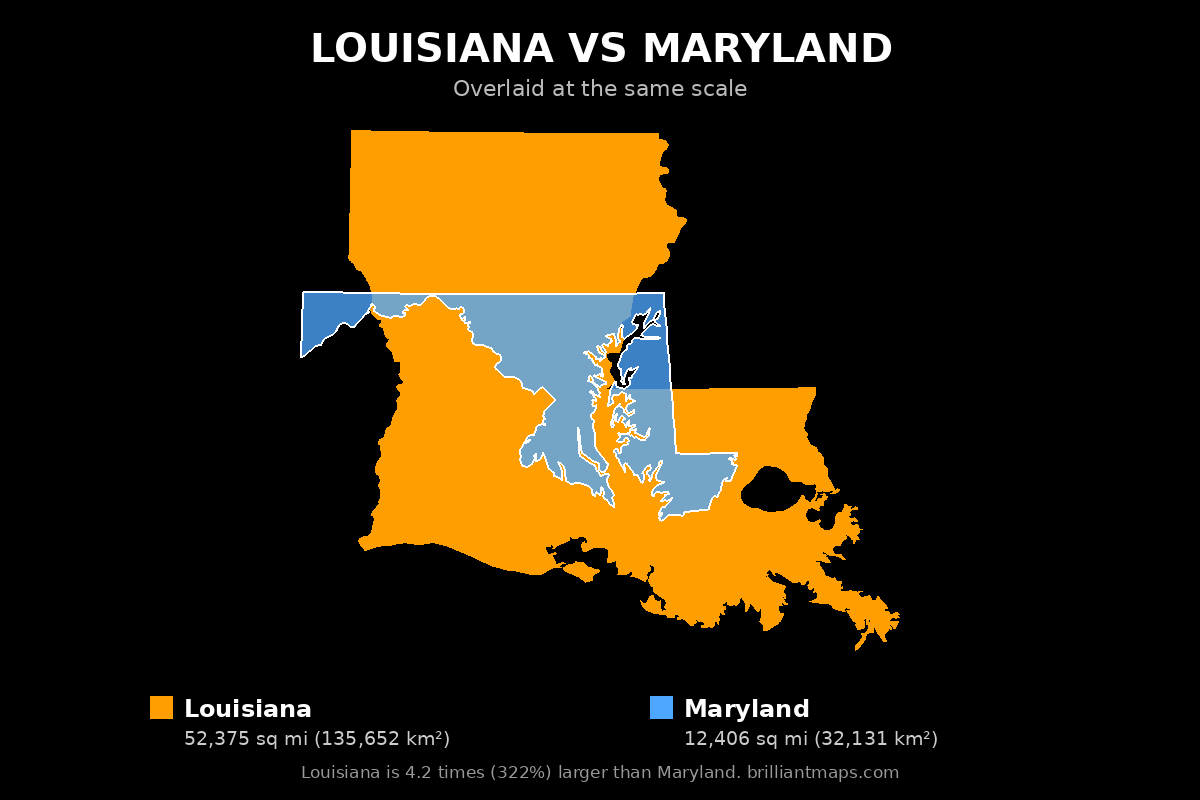 Louisiana vs Maryland Size Comparison Map