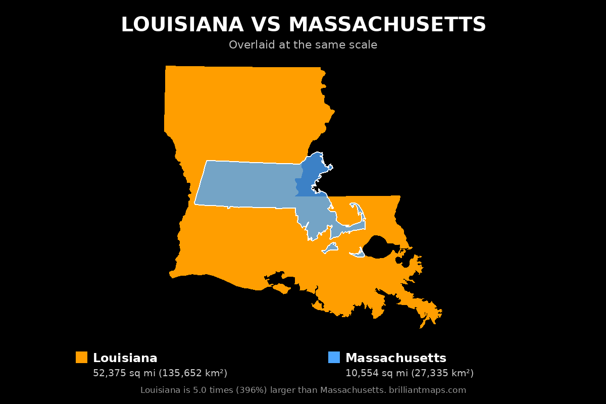 Louisiana vs Massachusetts Size Comparison Map
