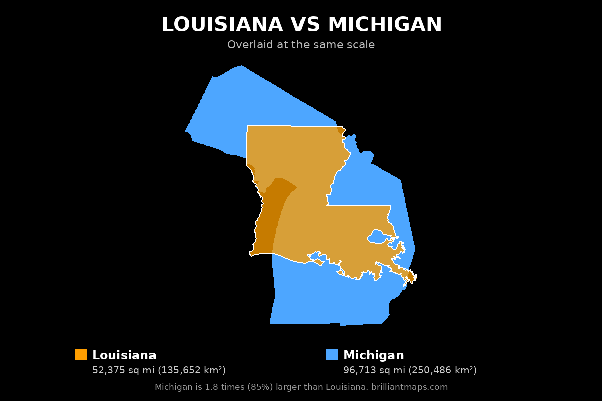 Louisiana vs Michigan Size Comparison Map