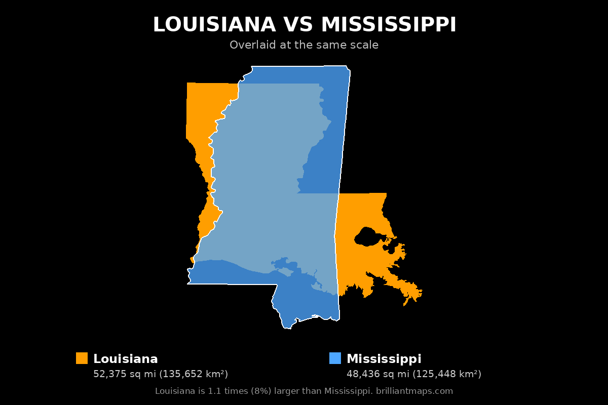 Louisiana vs Mississippi Size Comparison Map