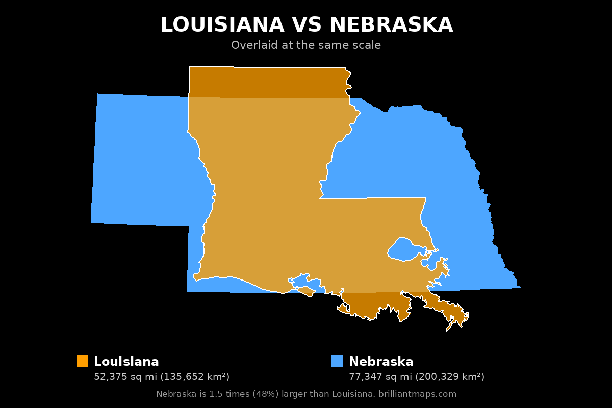 Louisiana vs Nebraska Size Comparison Map
