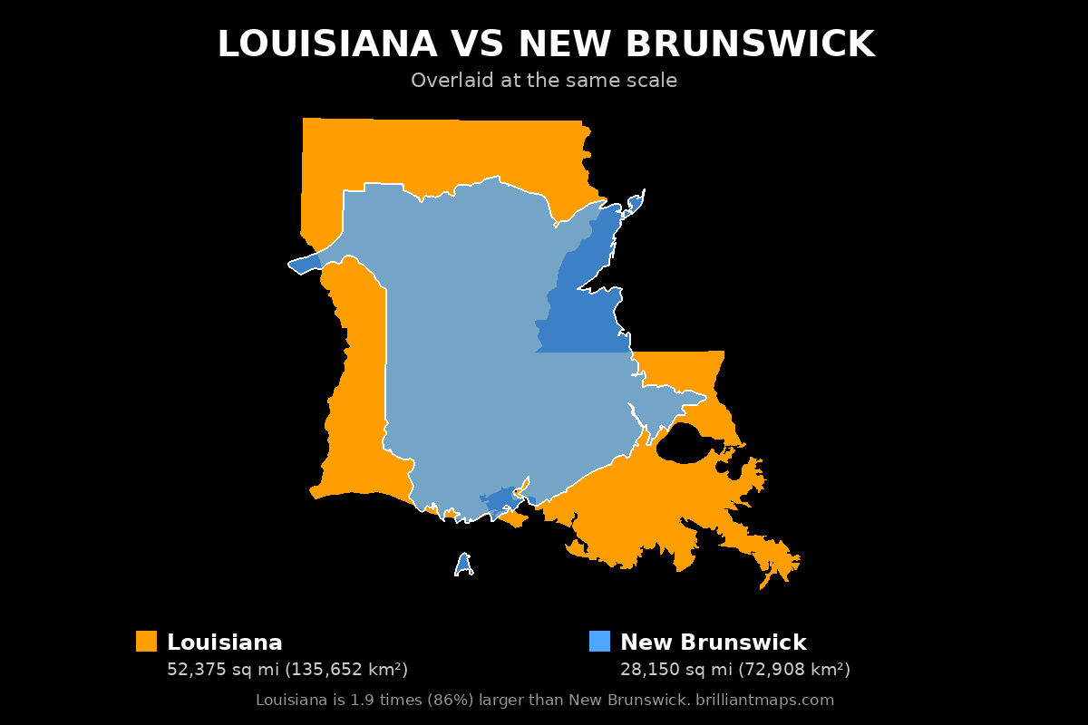 Louisiana vs New Brunswick Size Comparison Map