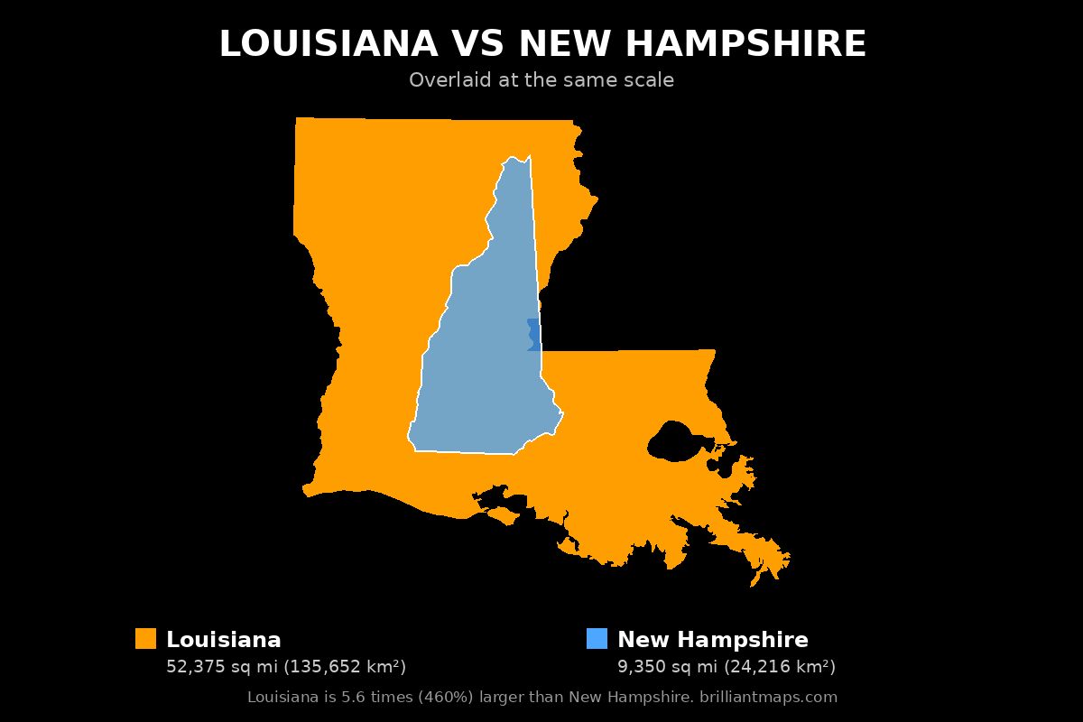 Louisiana vs New Hampshire Size Comparison Map