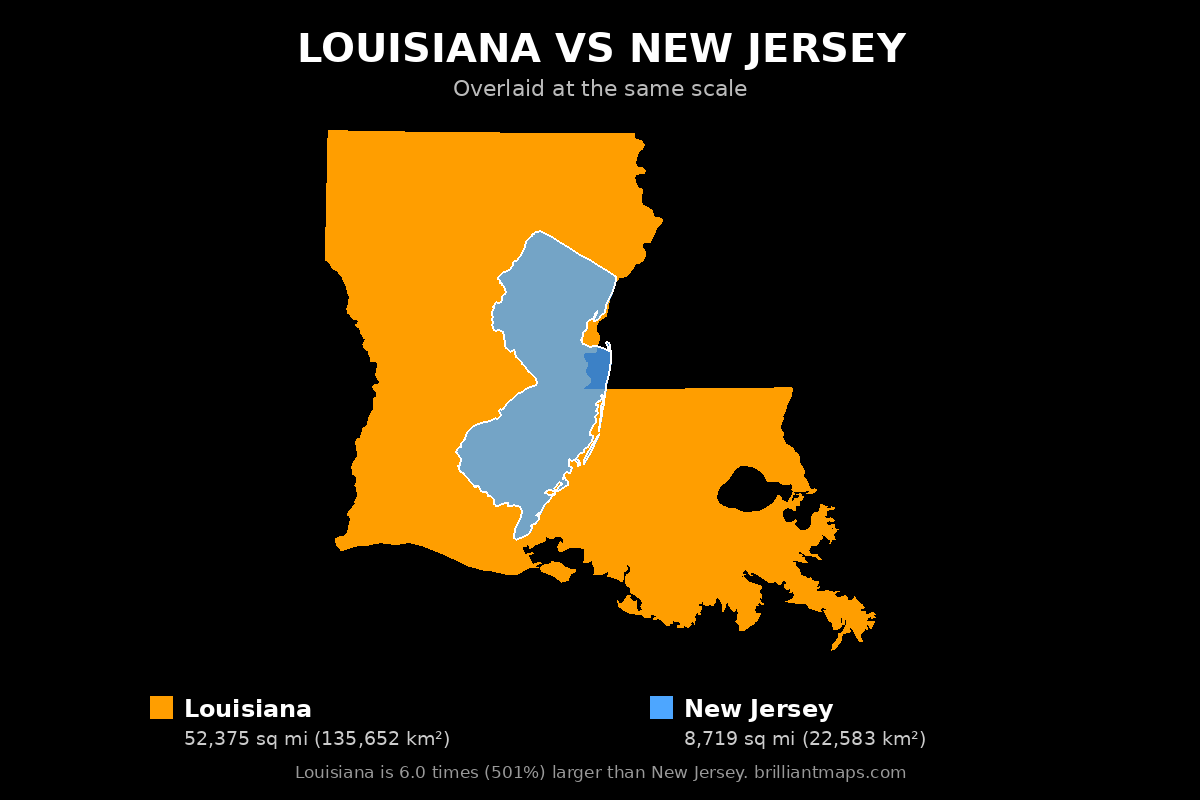 Louisiana vs New Jersey Size Comparison Map