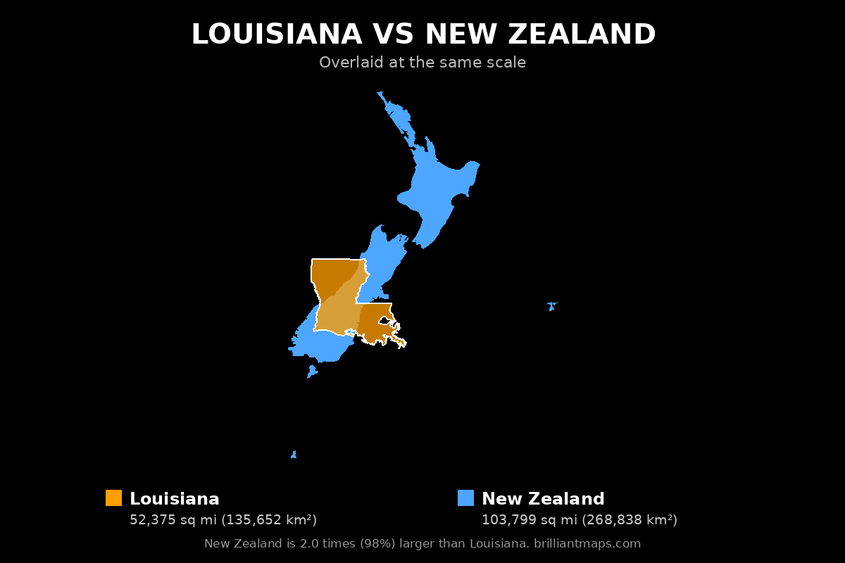 Louisiana vs New Zealand Size Comparison Map