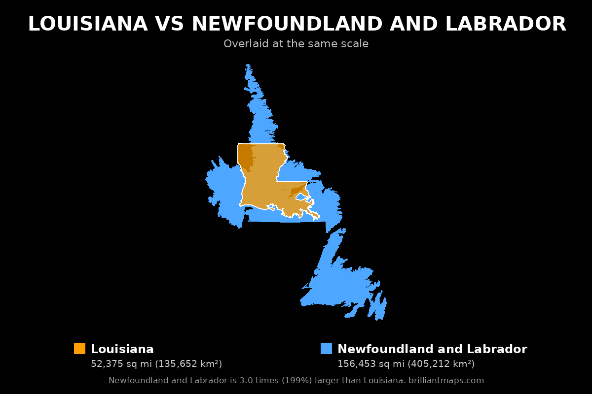 Louisiana vs Newfoundland and Labrador Size Comparison Map