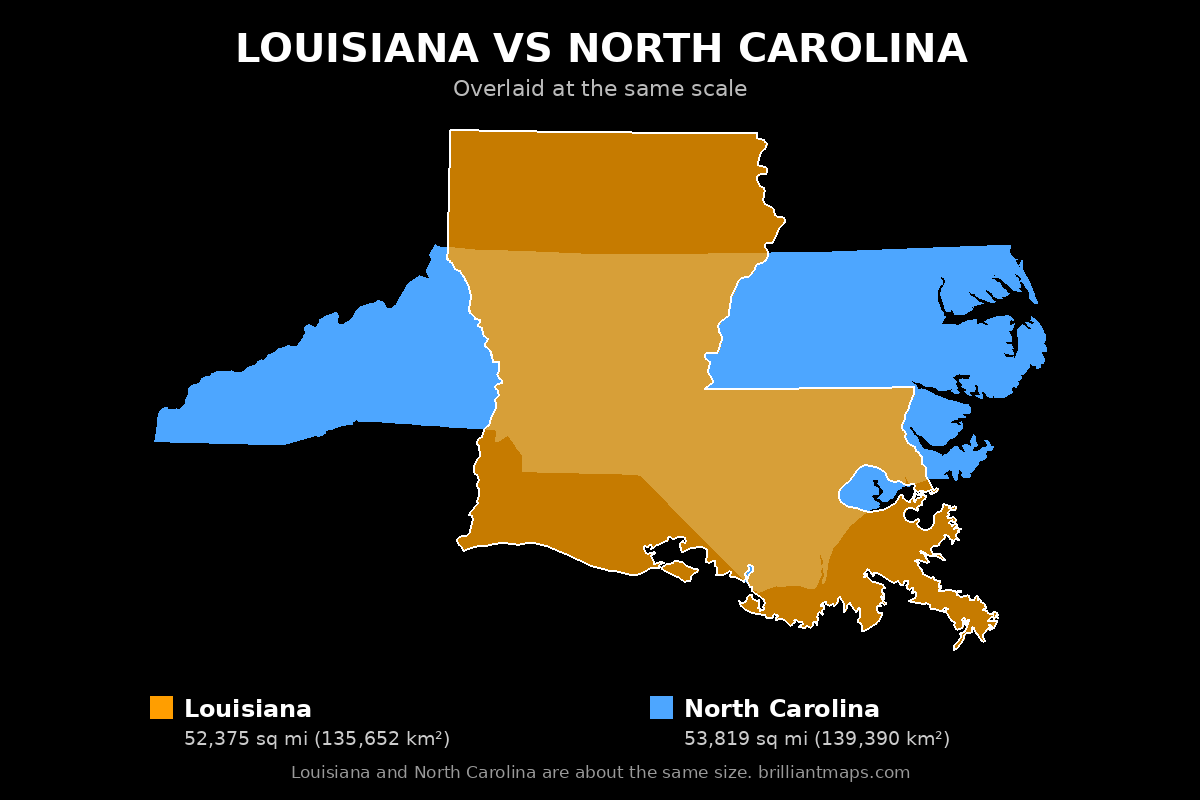 Louisiana vs North Carolina Size Comparison Map