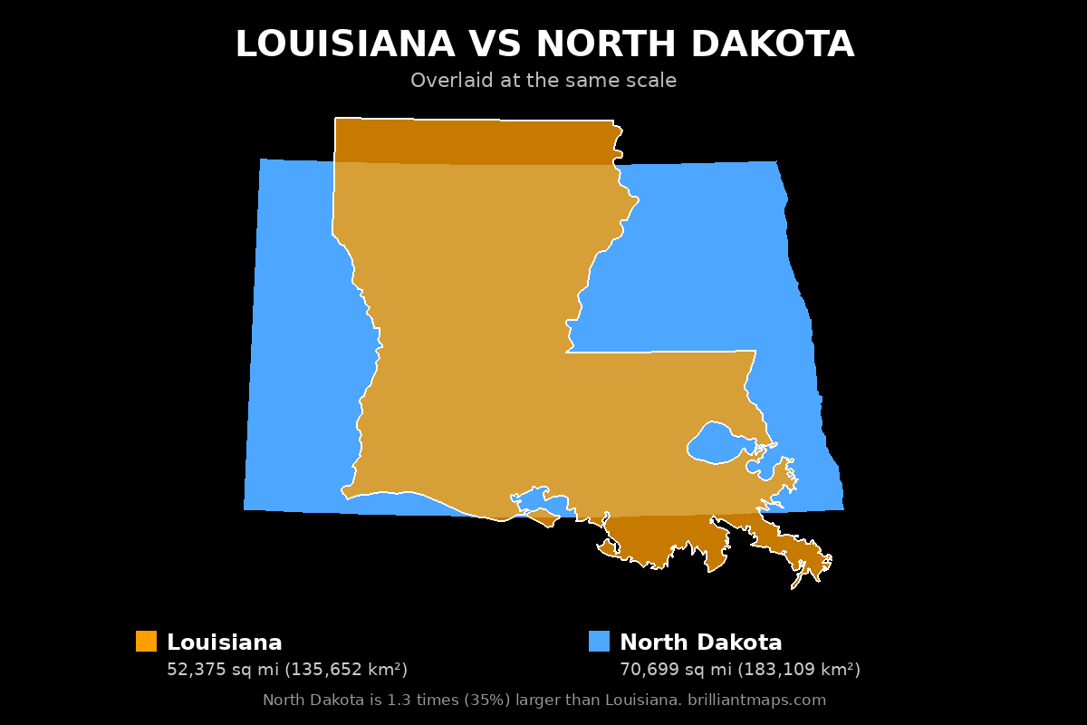 Louisiana vs North Dakota Size Comparison Map