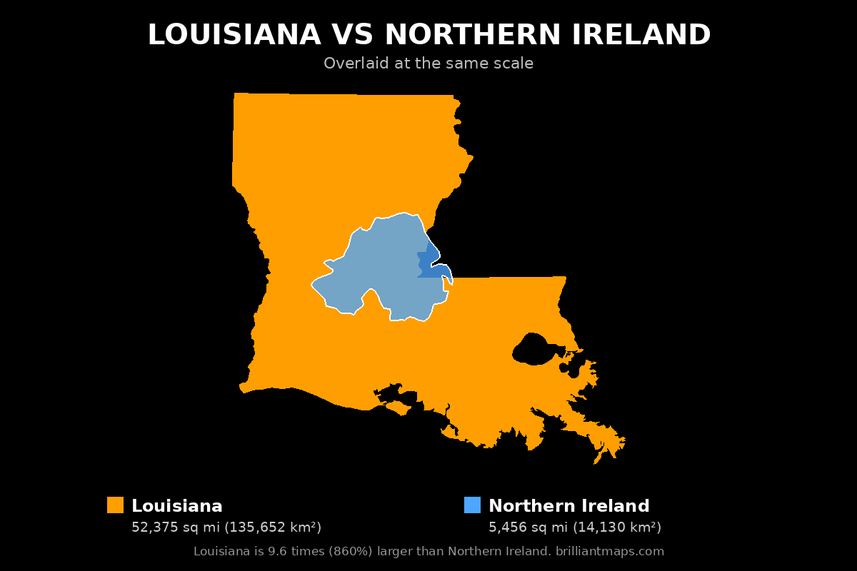 Louisiana vs Northern Ireland Size Comparison Map