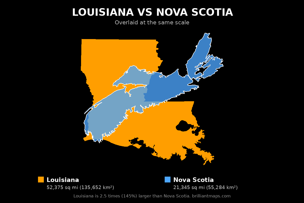 Louisiana vs Nova Scotia Size Comparison Map
