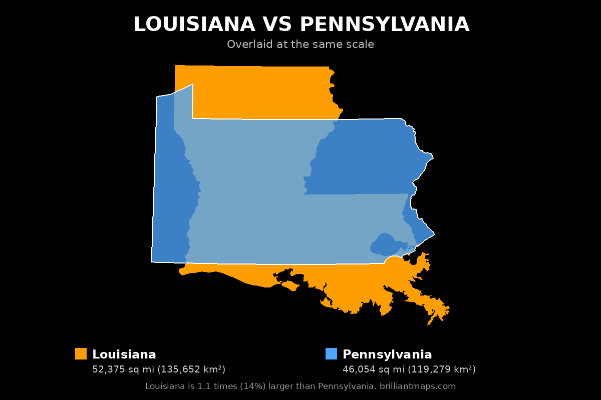 Louisiana vs Pennsylvania Size Comparison Map