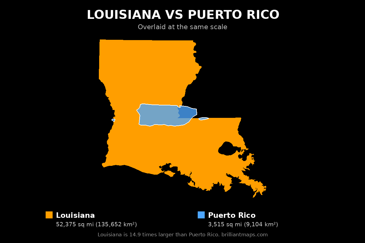 Louisiana vs Puerto Rico Size Comparison Map