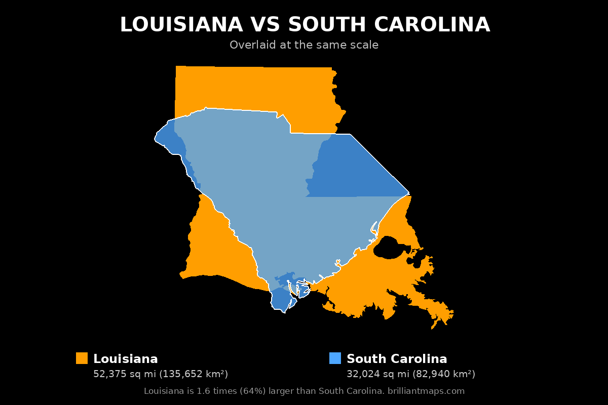 Louisiana vs South Carolina Size Comparison Map