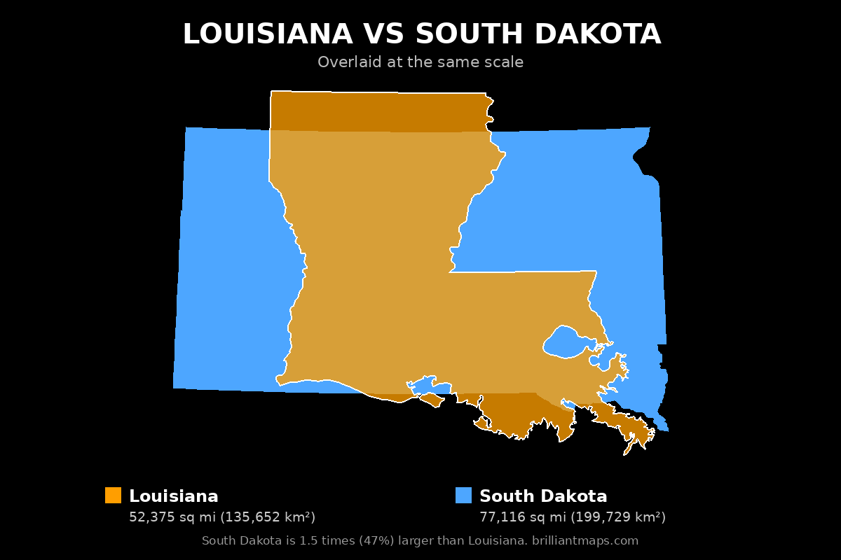 Louisiana vs South Dakota Size Comparison Map