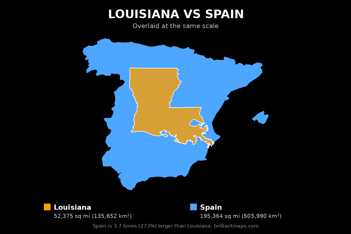 Louisiana vs Spain Size Comparison Map