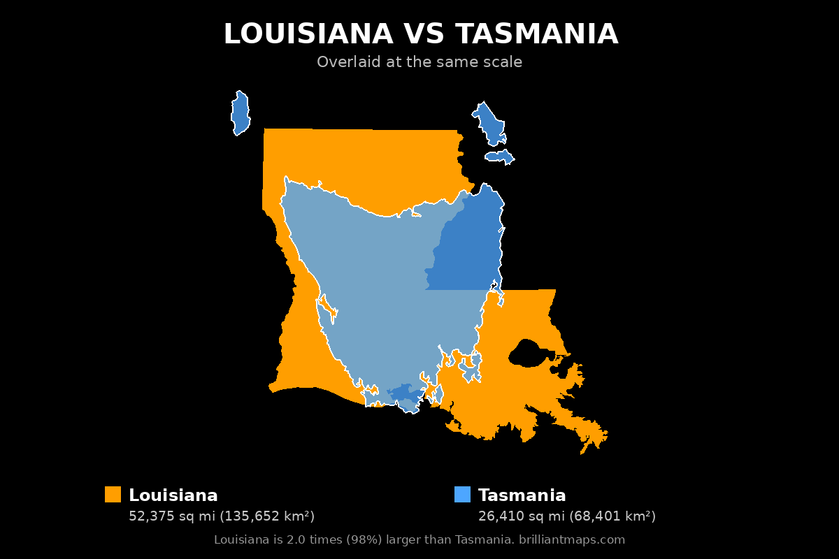 Louisiana vs Tasmania Size Comparison Map