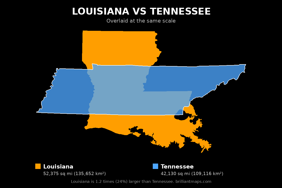 Louisiana vs Tennessee Size Comparison Map