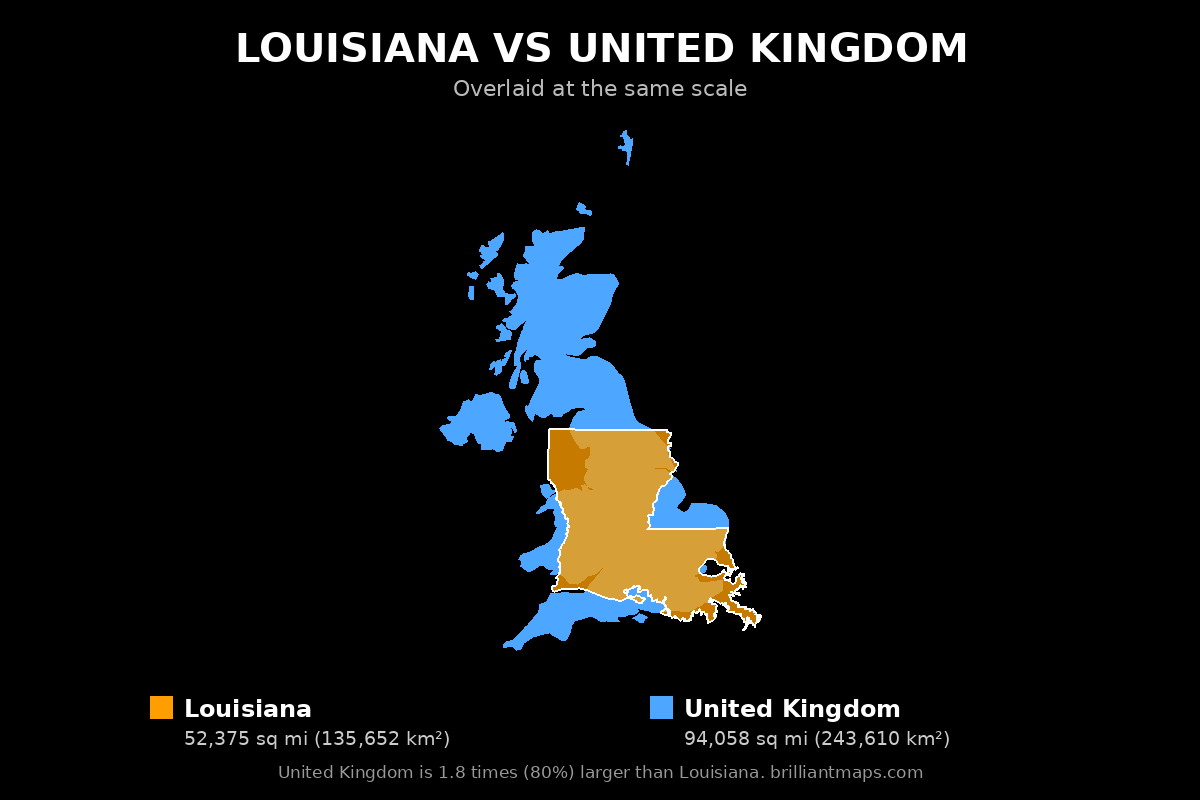Louisiana vs United Kingdom Size Comparison Map