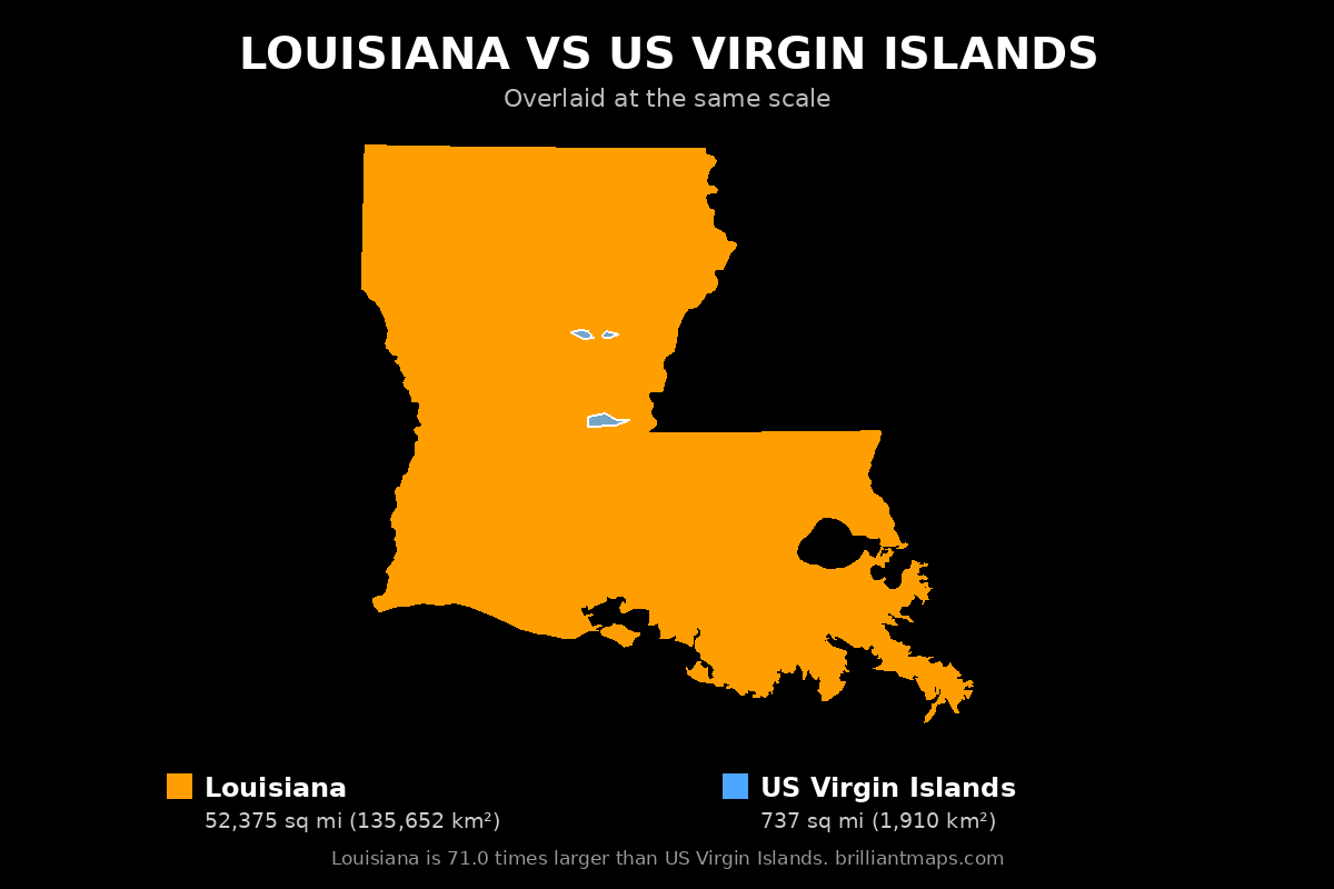 Louisiana vs US Virgin Islands Size Comparison Map