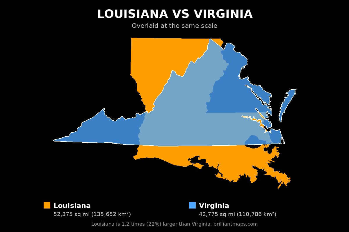 Louisiana vs Virginia Size Comparison Map