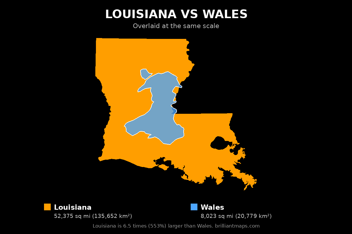 Louisiana vs Wales Size Comparison Map