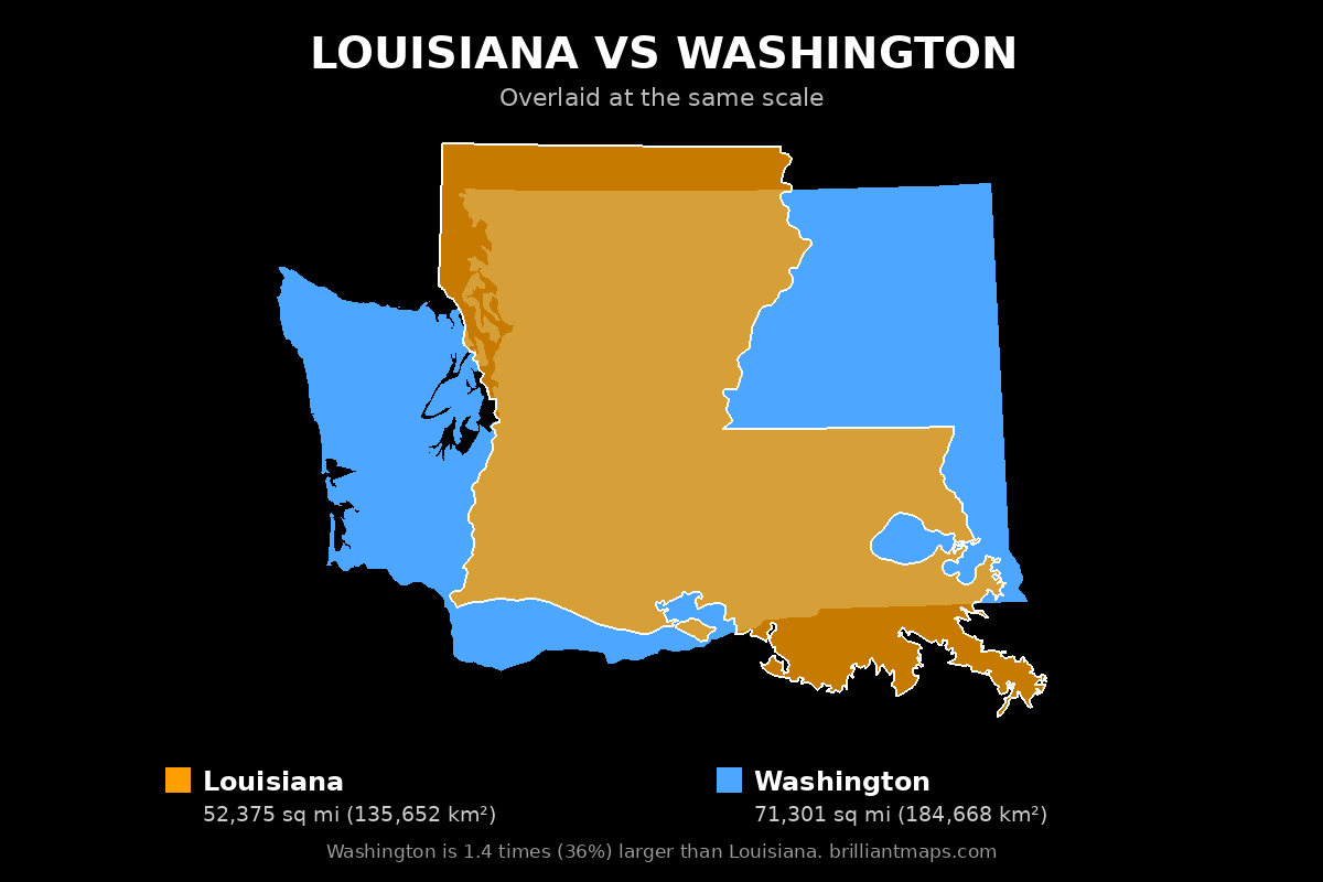 Louisiana vs Washington Size Comparison Map