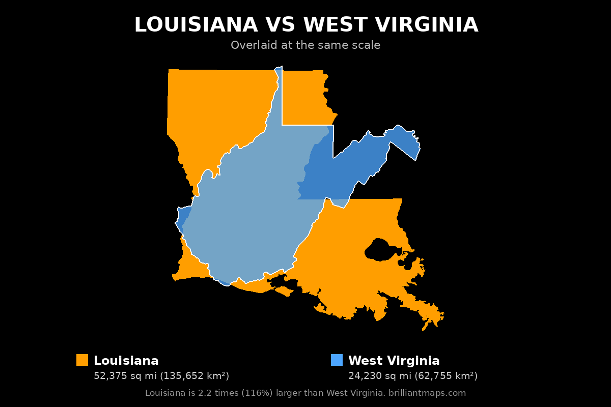 Louisiana vs West Virginia Size Comparison Map