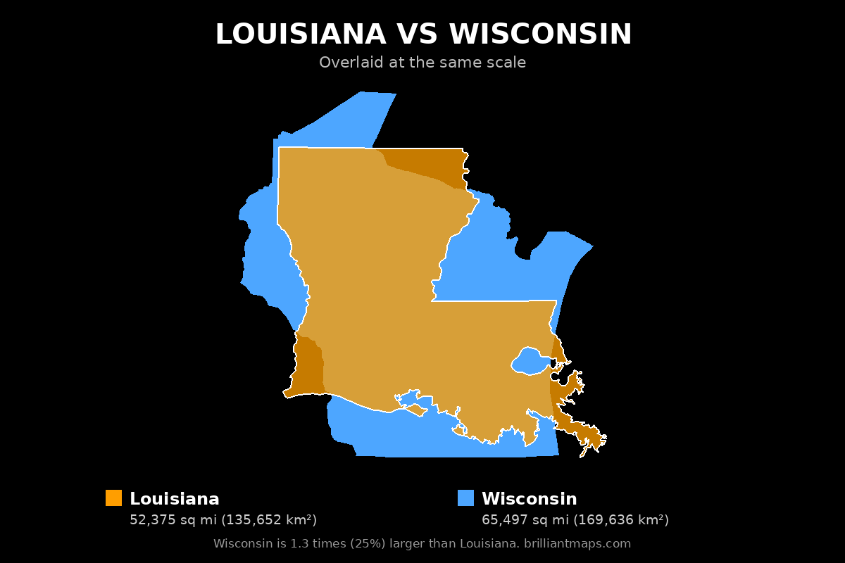 Louisiana vs Wisconsin Size Comparison Map
