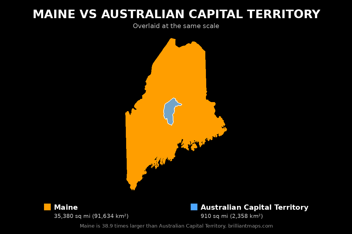 Maine vs Australian Capital Territory Size Comparison Map