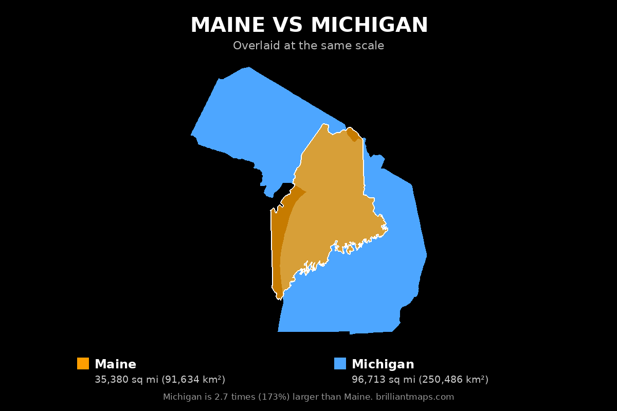 Maine vs Michigan Size Comparison Map