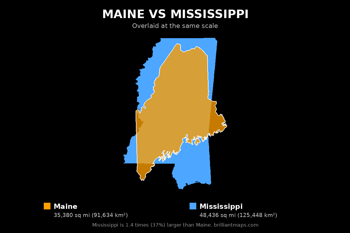 Maine vs Mississippi Size Comparison Map
