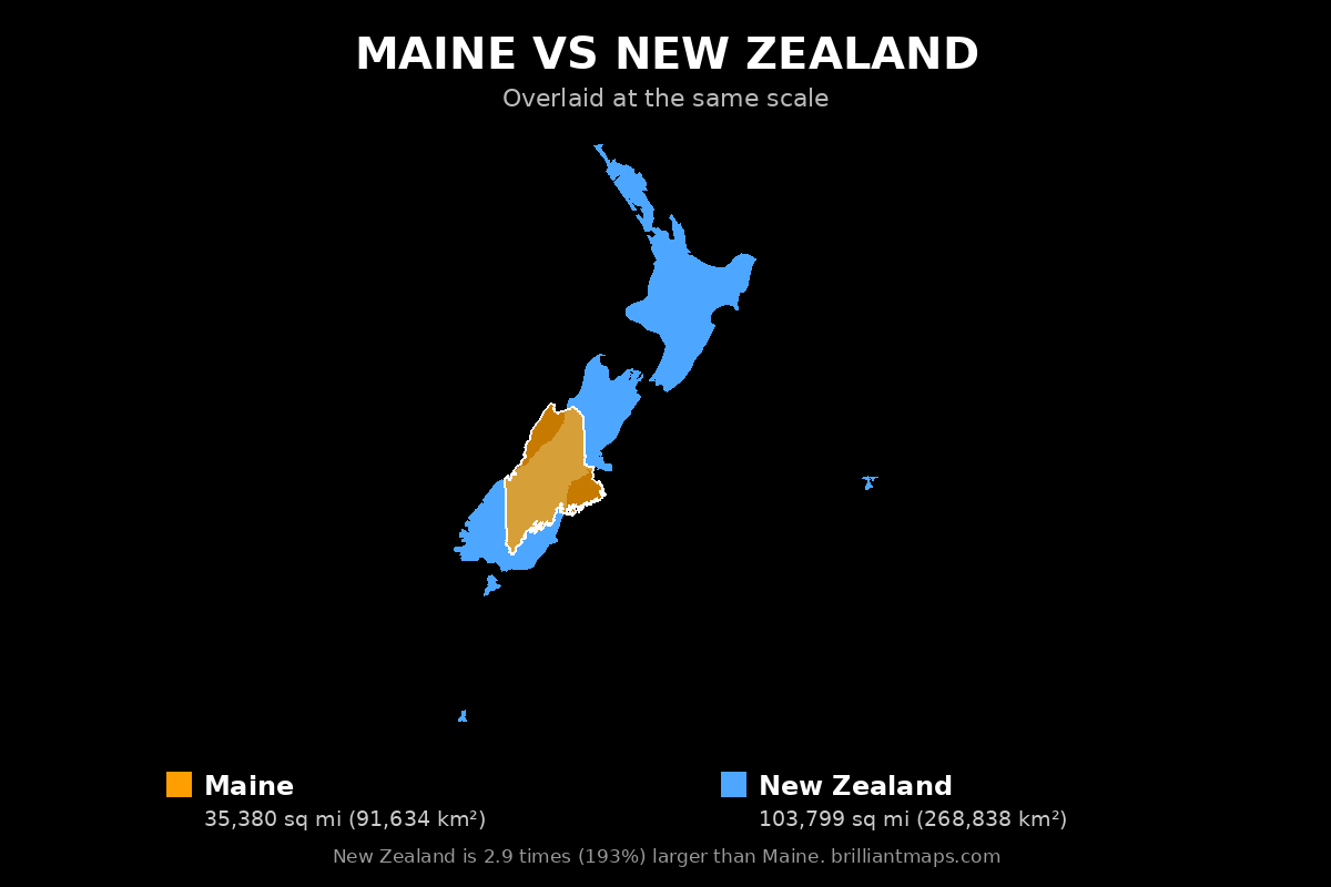 Maine vs New Zealand Size Comparison Map